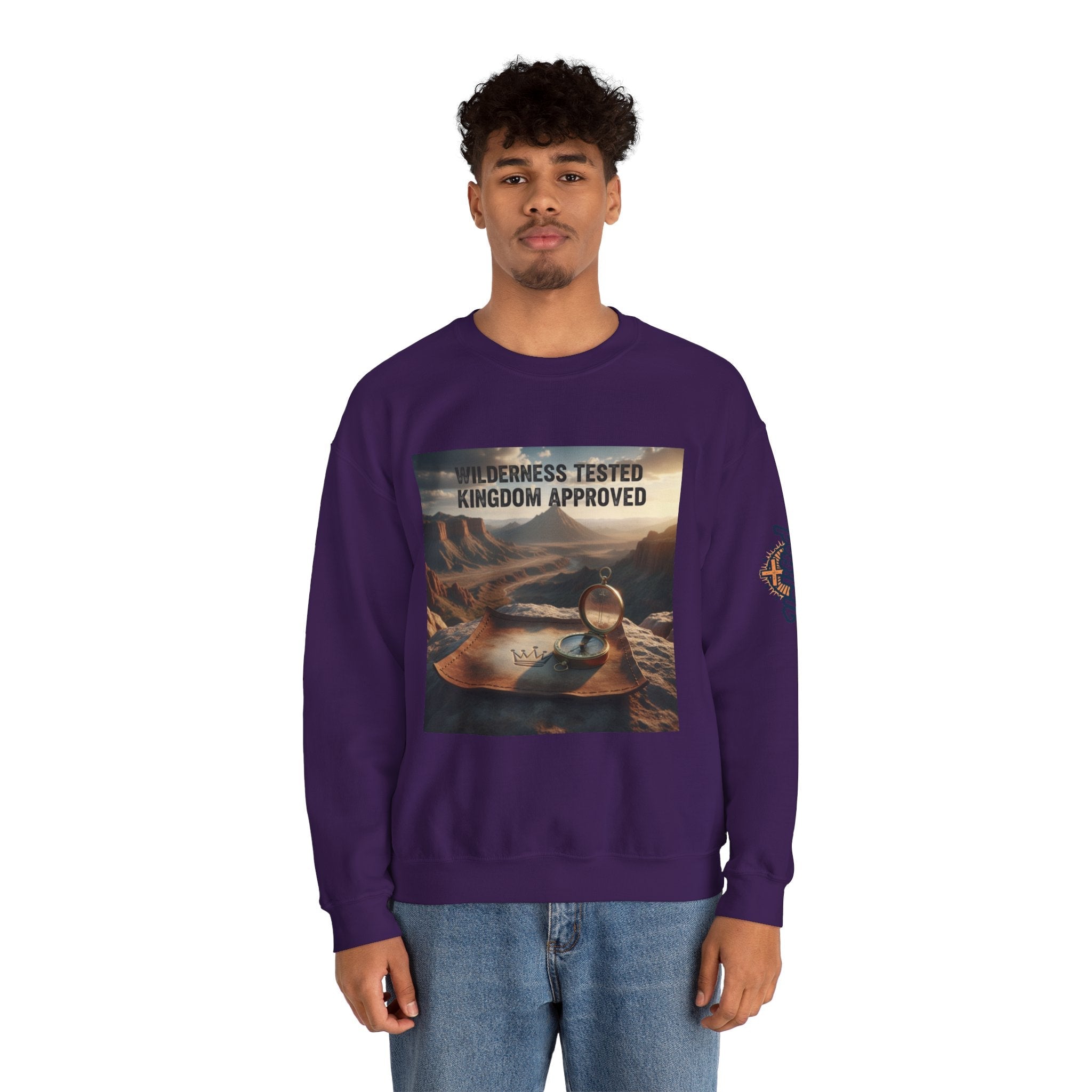 Wilderness Tested Kingdom Approved Sweatshirt – Mountain Desert Compass Crown Christian Sweatshirt for Biblical Adventure Faith Printify