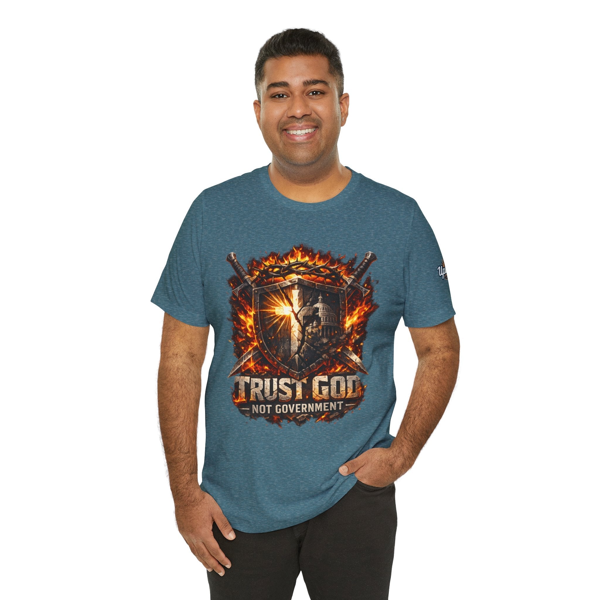 Trust God Not Government Shield Tee — Patriotic Christian Faith T-Shirt Printify