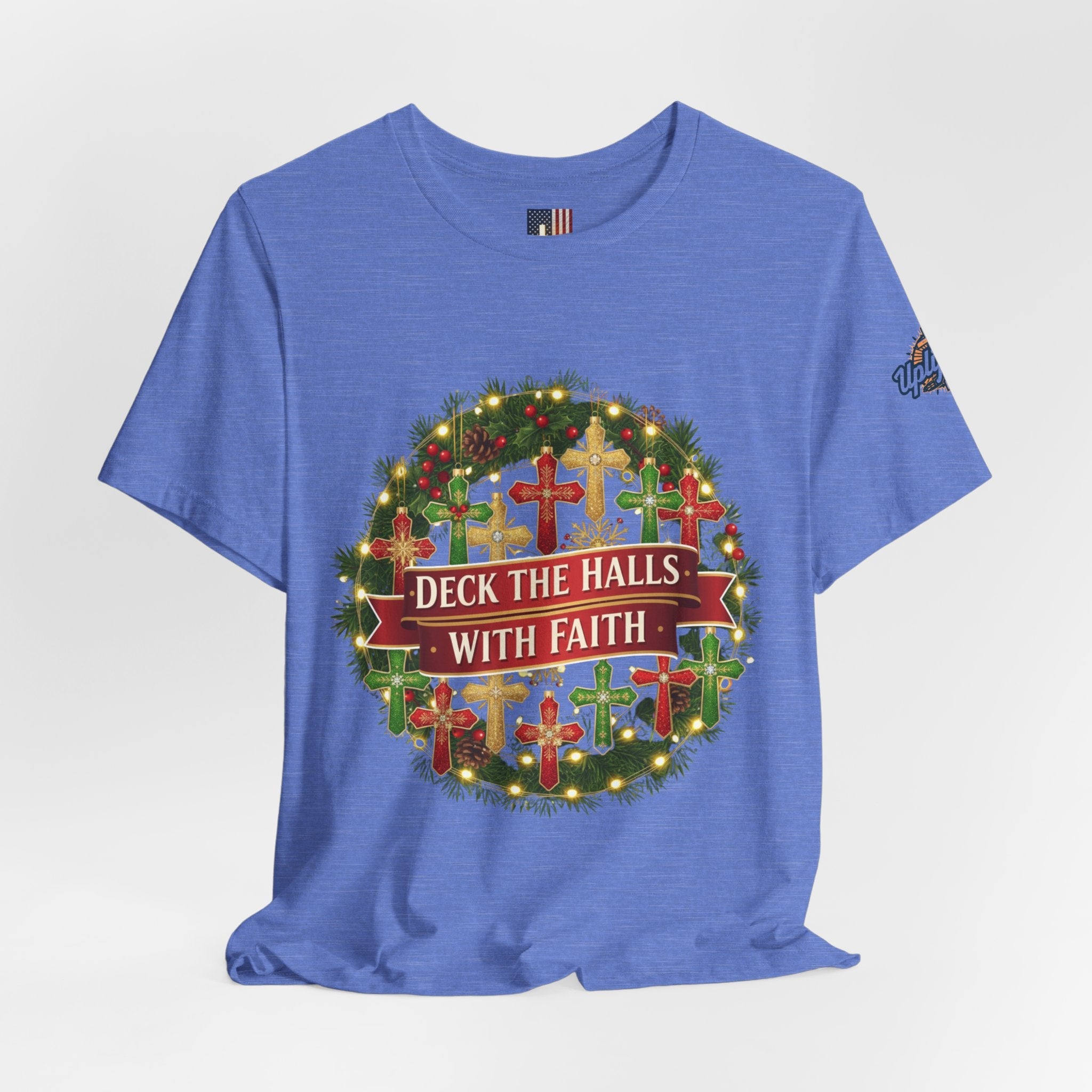 🎄 Deck the Halls with Faith – Christian Christmas T-Shirt | Cross Ornament Design & Festive Garland | Bold Holiday Faith Tee by Uplifted Gear Printify