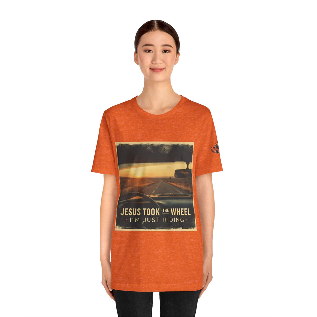 Jesus Took the Wheel I'm Just Riding T-shirt – Funny Christian Convertible Car T-shirt for Surrendered Faith & Humor Printify