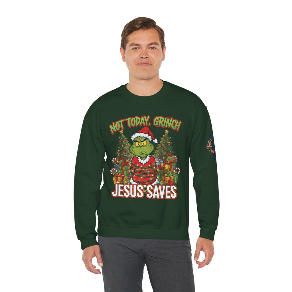 🎄 Not Today, Grinch – Jesus Saves | Funny Christian Christmas Sweatshirt | Sulking Grinch & Glowing Cross | Bold Neon Faith Tee by Uplifted Gear Printify