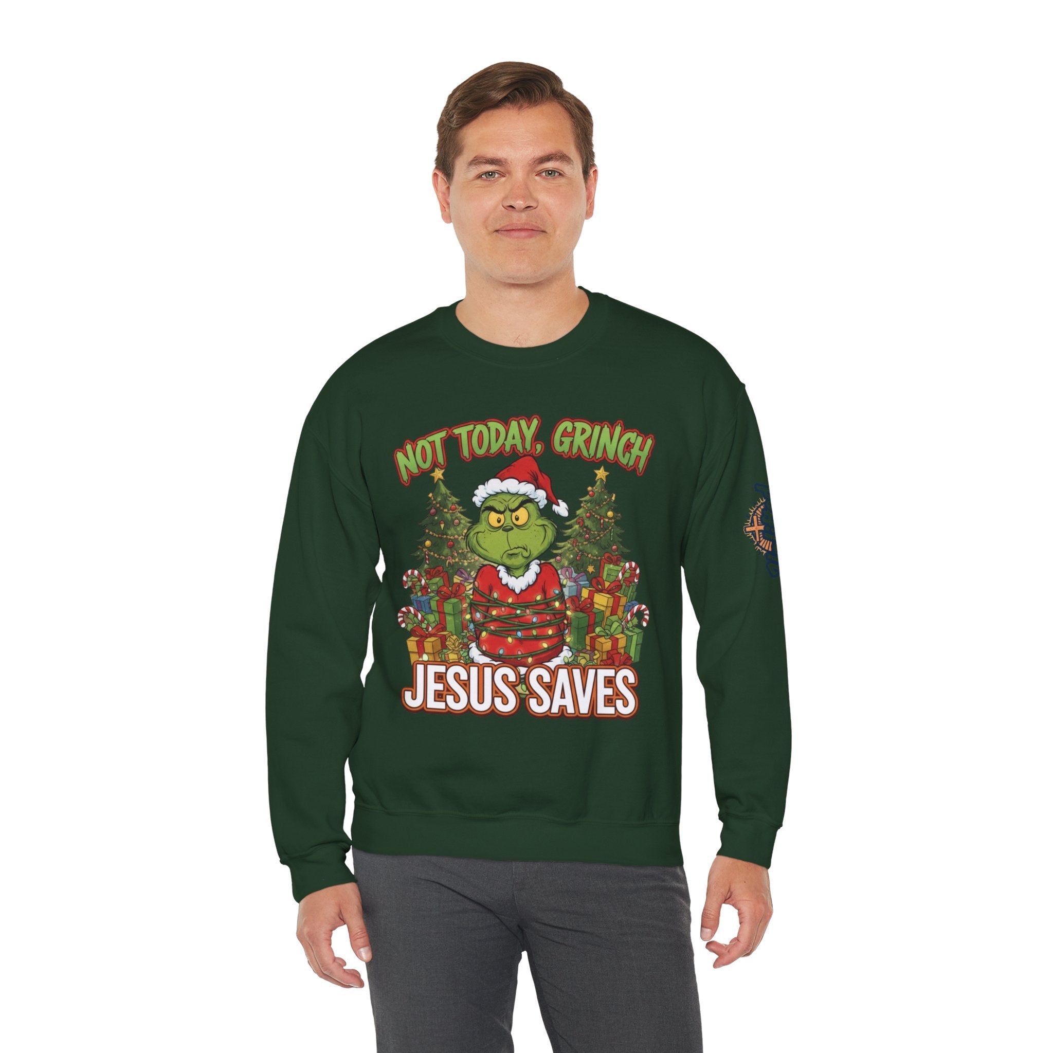 🎄 Not Today, Grinch – Jesus Saves | Funny Christian Christmas Sweatshirt | Sulking Grinch & Glowing Cross | Bold Neon Faith Tee by Uplifted Gear Printify