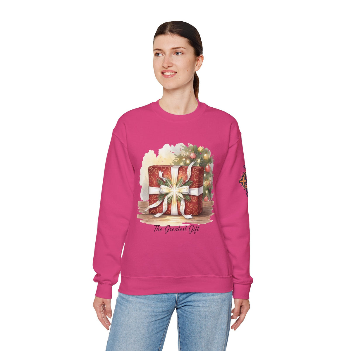 The Greatest Gift Sweatshirt – Cross Bow Present Christian Sweatshirt for Christmas Salvation & Eternal Faith Printify