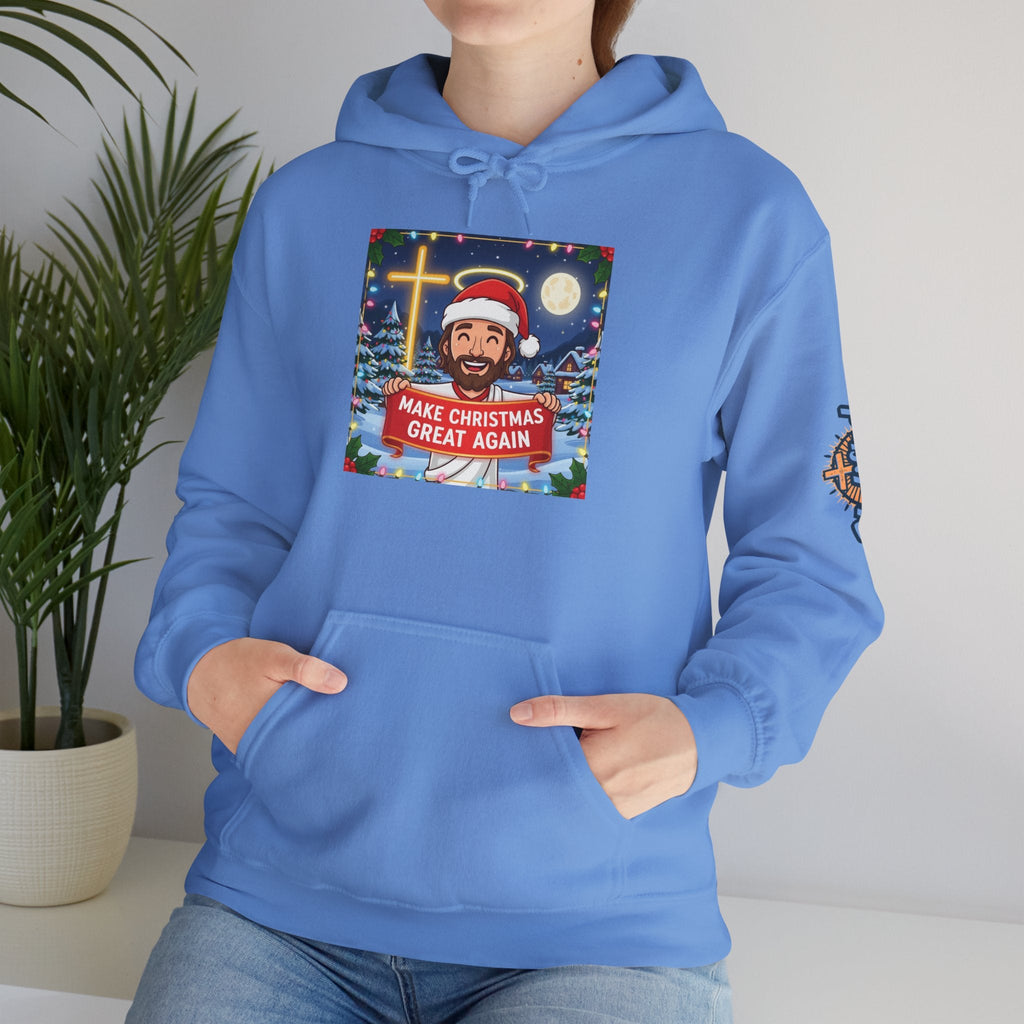 🎄 Make Christmas Great Again – Funny Christian Hoodie | Jesus Holding Banner | Faith-Based Holiday Parody Tee | Uplifted Gear Printify