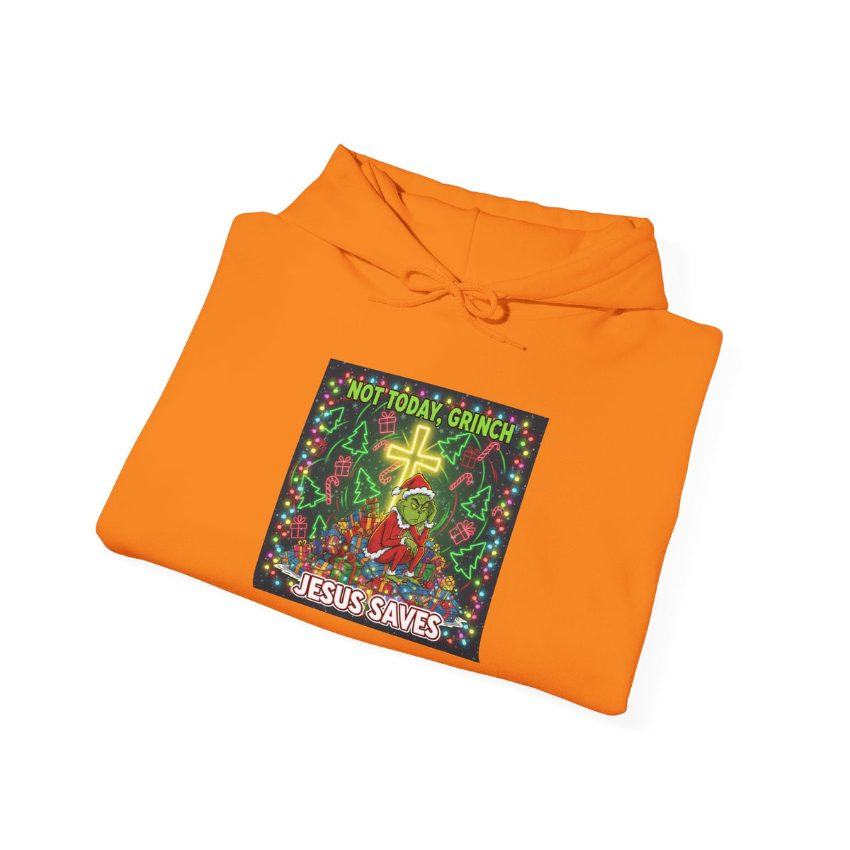 🎄 Not Today, Grinch – Jesus Saves | Funny Christian Christmas Hoodie | Festive Green & Red Cartoon Style | Bold Faith Holiday Tee by Uplifted Gear Printify