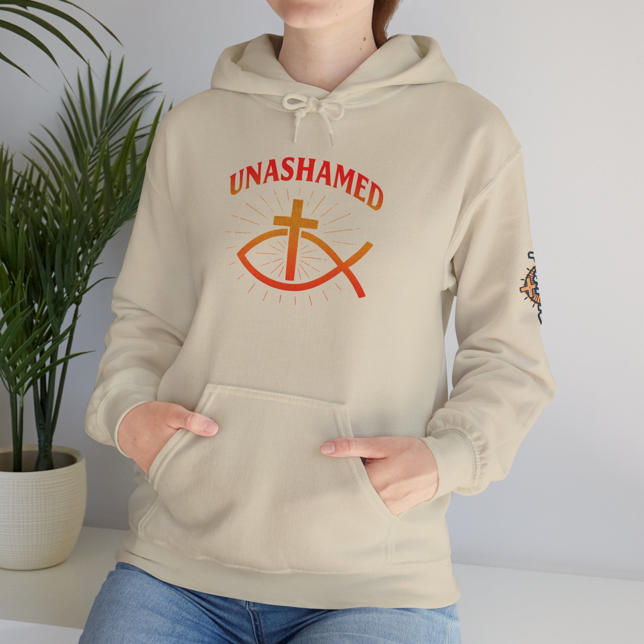 Unashamed Hoodie – Ichthys Jesus Fish & Cross Christian Sweatshirt for Romans 1:16 Bold Faith Printify