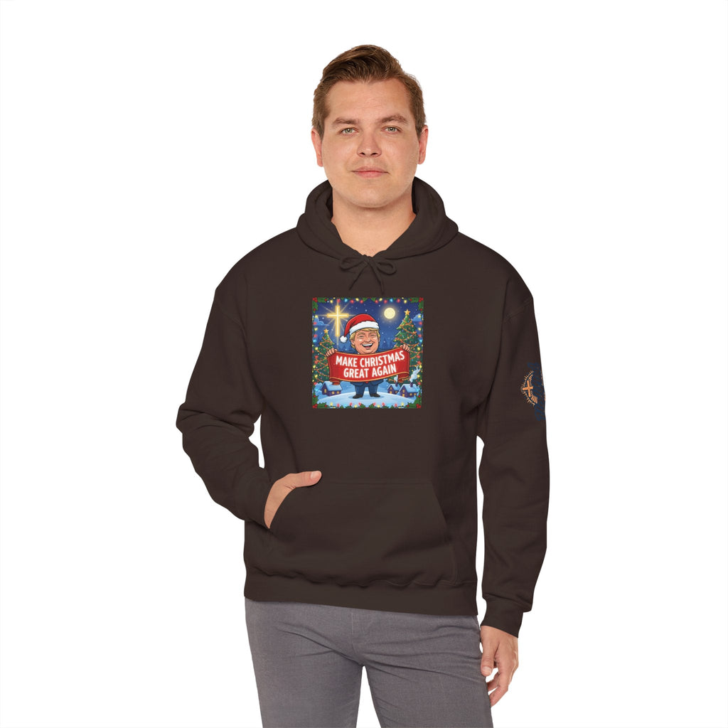🎄 Make Christmas Great Again – Patriotic Christian Christmas Hoodie | Bold Holiday Faith Tee | Red & White Banner Design | Uplifted Gear Printify