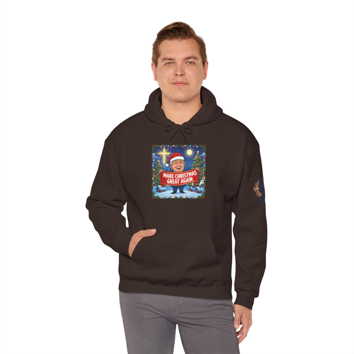 🎄 Make Christmas Great Again – Patriotic Christian Christmas Hoodie | Bold Holiday Faith Tee | Red & White Banner Design | Uplifted Gear Printify