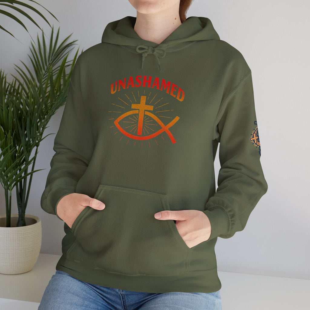 Unashamed Hoodie – Ichthys Jesus Fish & Cross Christian Sweatshirt for Romans 1:16 Bold Faith Printify