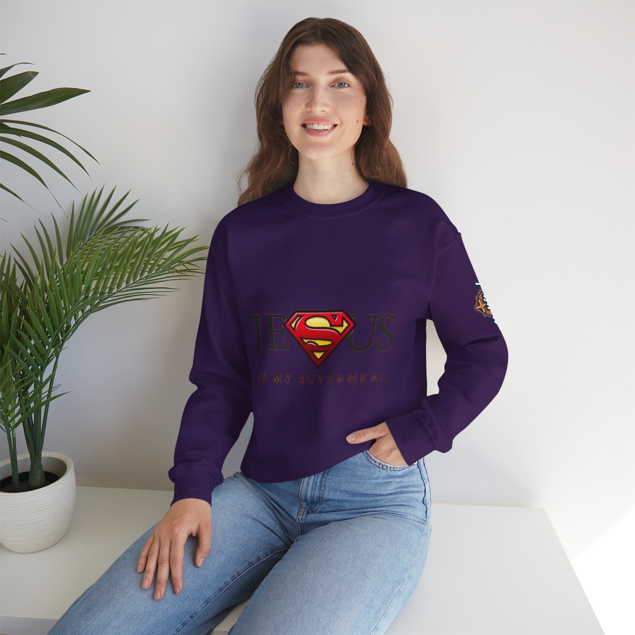 Jesus Is My Superhero Crewneck Sweatshirt Printify
