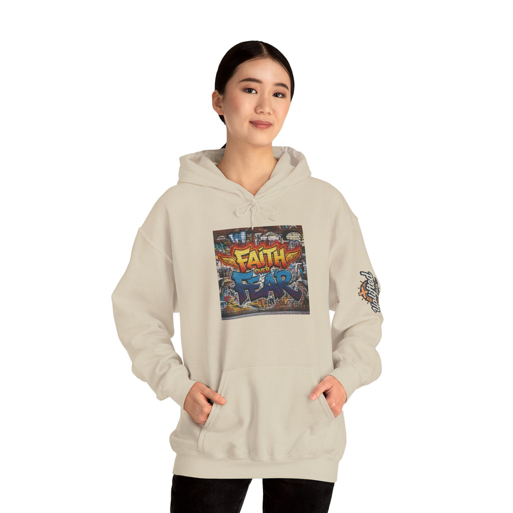 Faith Over Fear Hoodie – Graffiti Wall Christian Sweatshirt for Bold 2 Corinthians 5:7 Streetwear & Unshakable Faith Printify