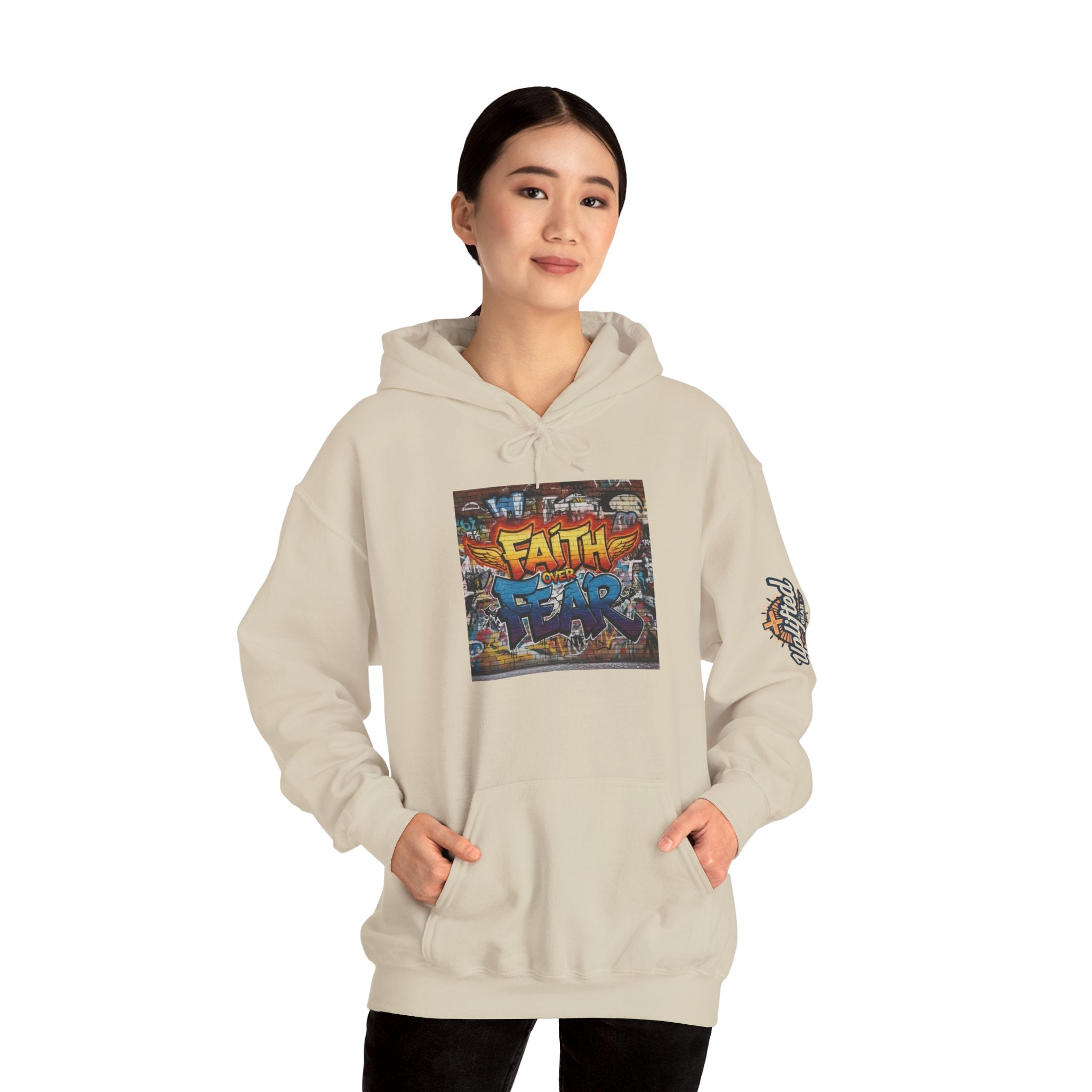 Faith Over Fear Hoodie – Graffiti Wall Christian Sweatshirt for Bold 2 Corinthians 5:7 Streetwear & Unshakable Faith Printify