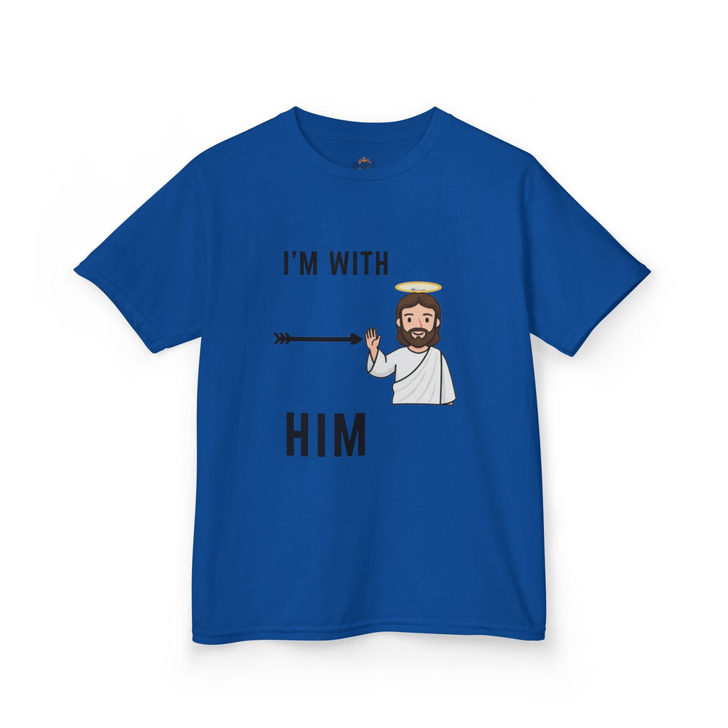 🔥 I’m With Him → Christian Kids T-Shirt | Arrow Pointing to Jesus | Minimalist Faith Tee | Subtle Cross Design | Bible-Inspired Apparel by Uplifted Gear Printify