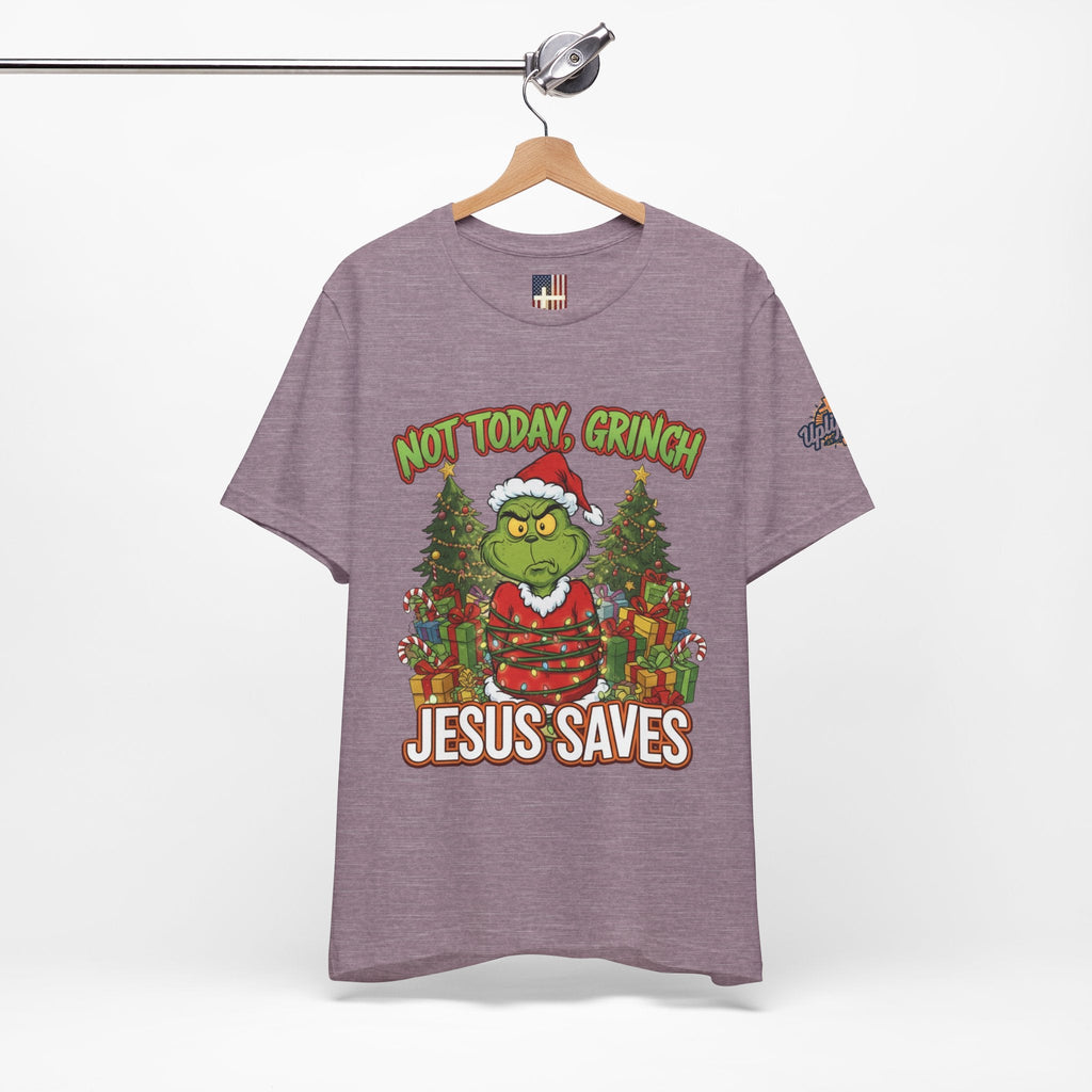 🎄 Not Today, Grinch – Jesus Saves | Funny Christian Christmas T-Shirt | Sulking Grinch & Glowing Cross | Bold Neon Faith Tee by Uplifted Gear Printify