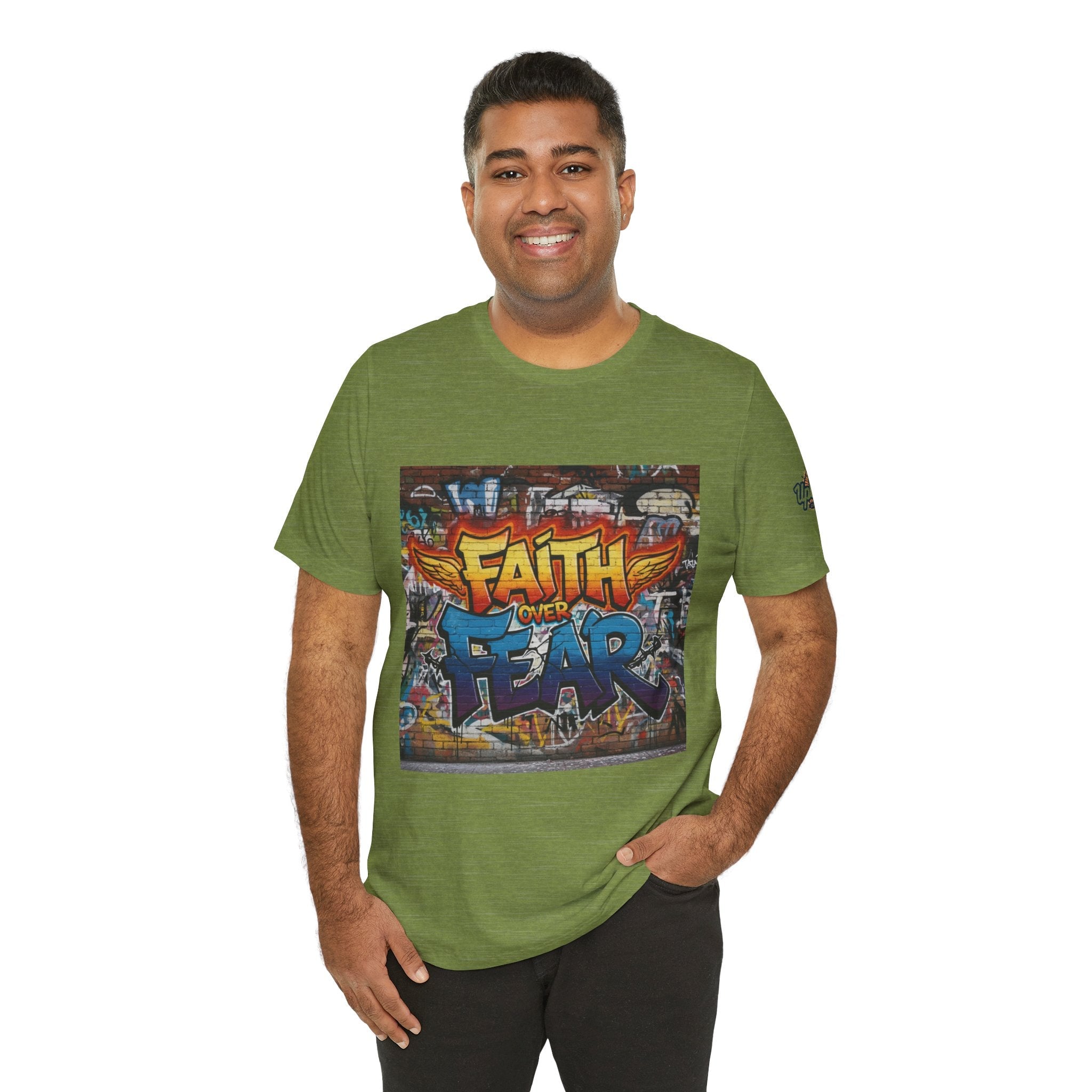 Faith Over Fear T-shirt – Graffiti Wall Christian T-shirt for Bold 2 Corinthians 5:7 Streetwear & Unshakable Faith Printify