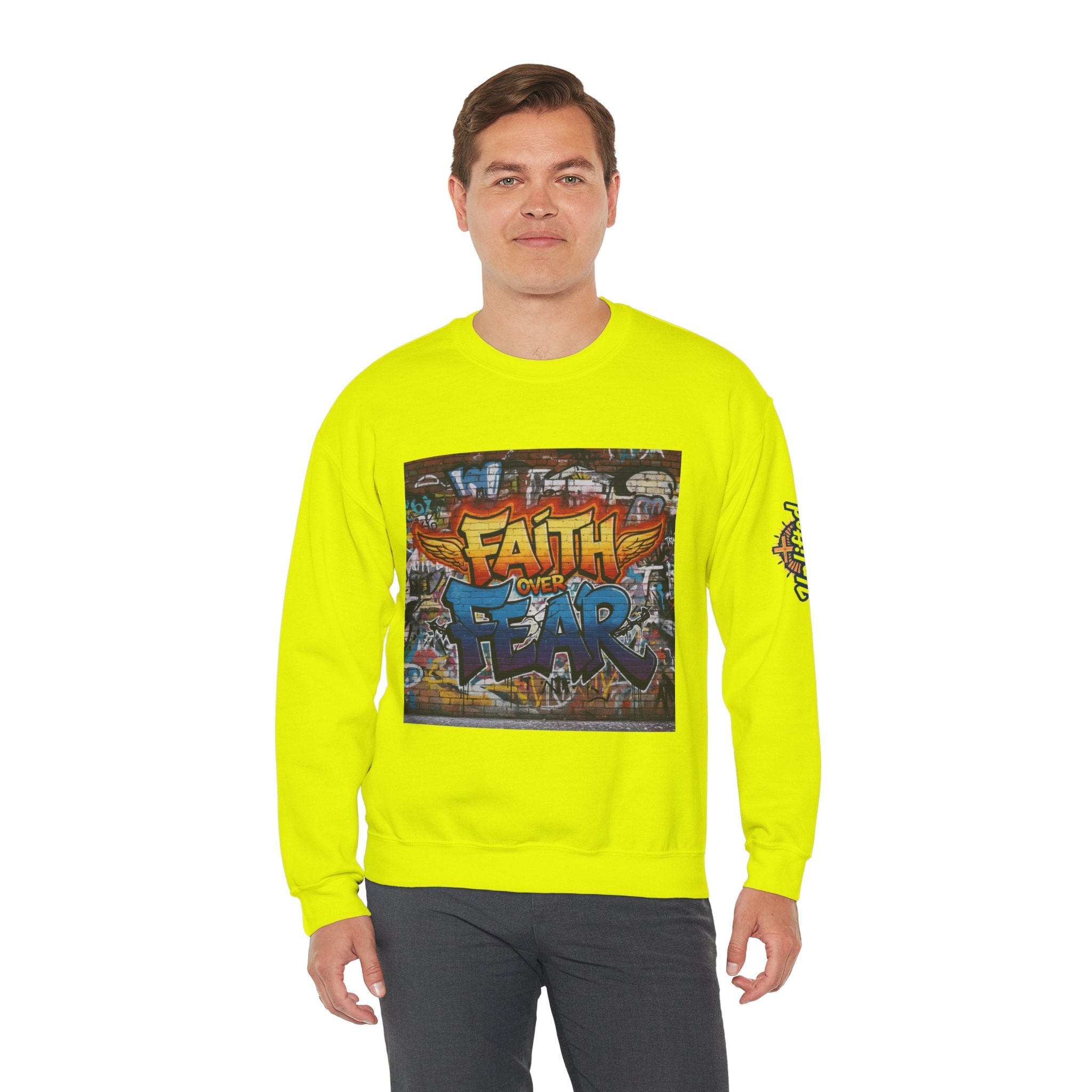 Faith Over Fear Sweatshirt – Graffiti Wall Christian Sweatshirt for Bold 2 Corinthians 5:7 Streetwear & Unshakable Faith Printify