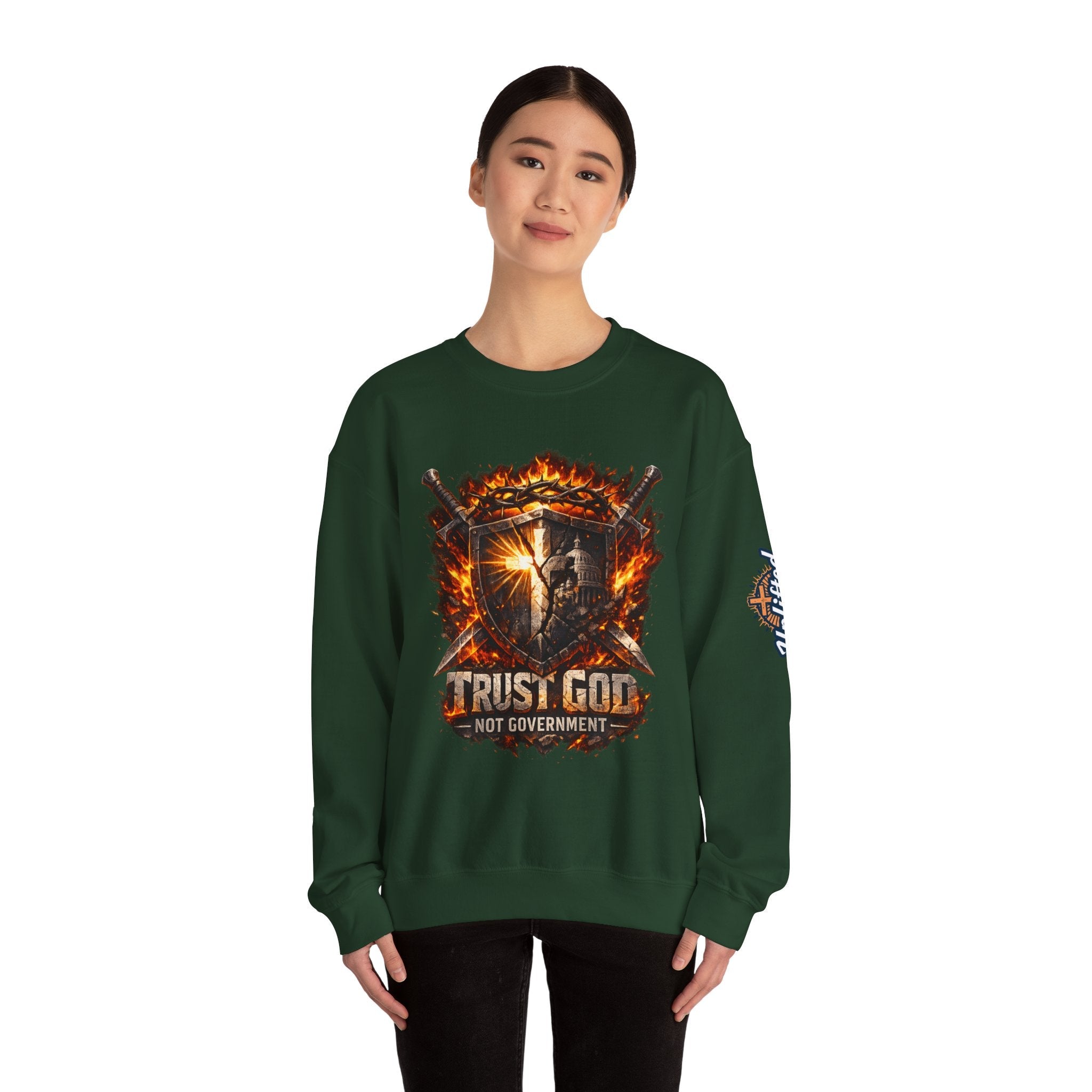 Trust God Not Government Shield Sweatshirt — Patriotic Christian Faith Sweatshirt Printify