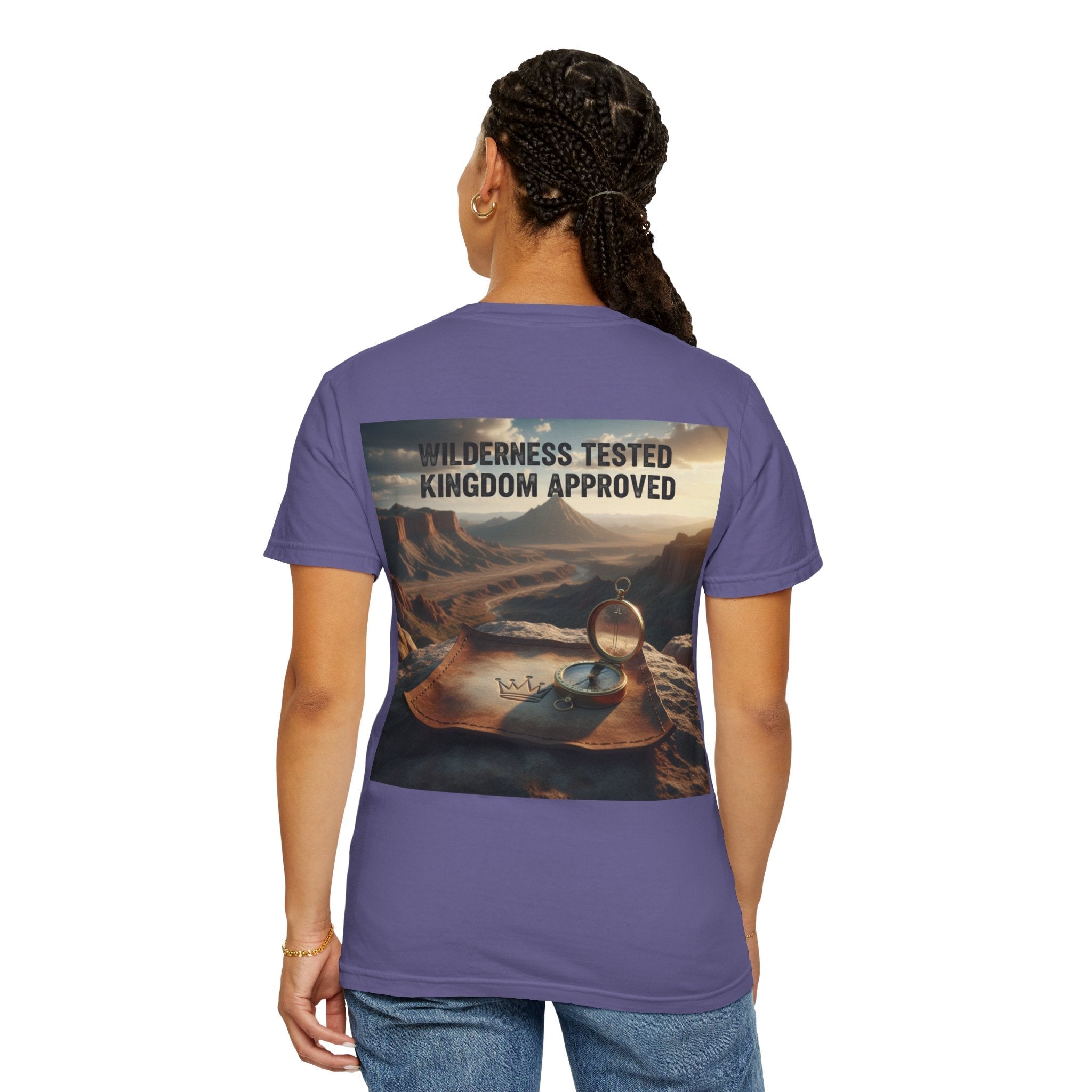 Wilderness Tested Kingdom Approved T-shirt – Mountain Desert Compass Crown Christian T-shirt for Biblical Adventure Faith Printify