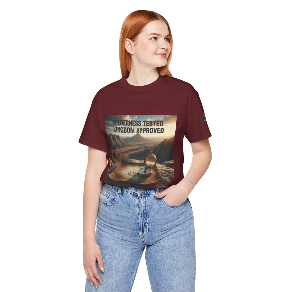 Wilderness Tested Kingdom Approved T-shirt – Mountain Desert Compass Crown Christian T-shirt for Biblical Adventure Faith Printify