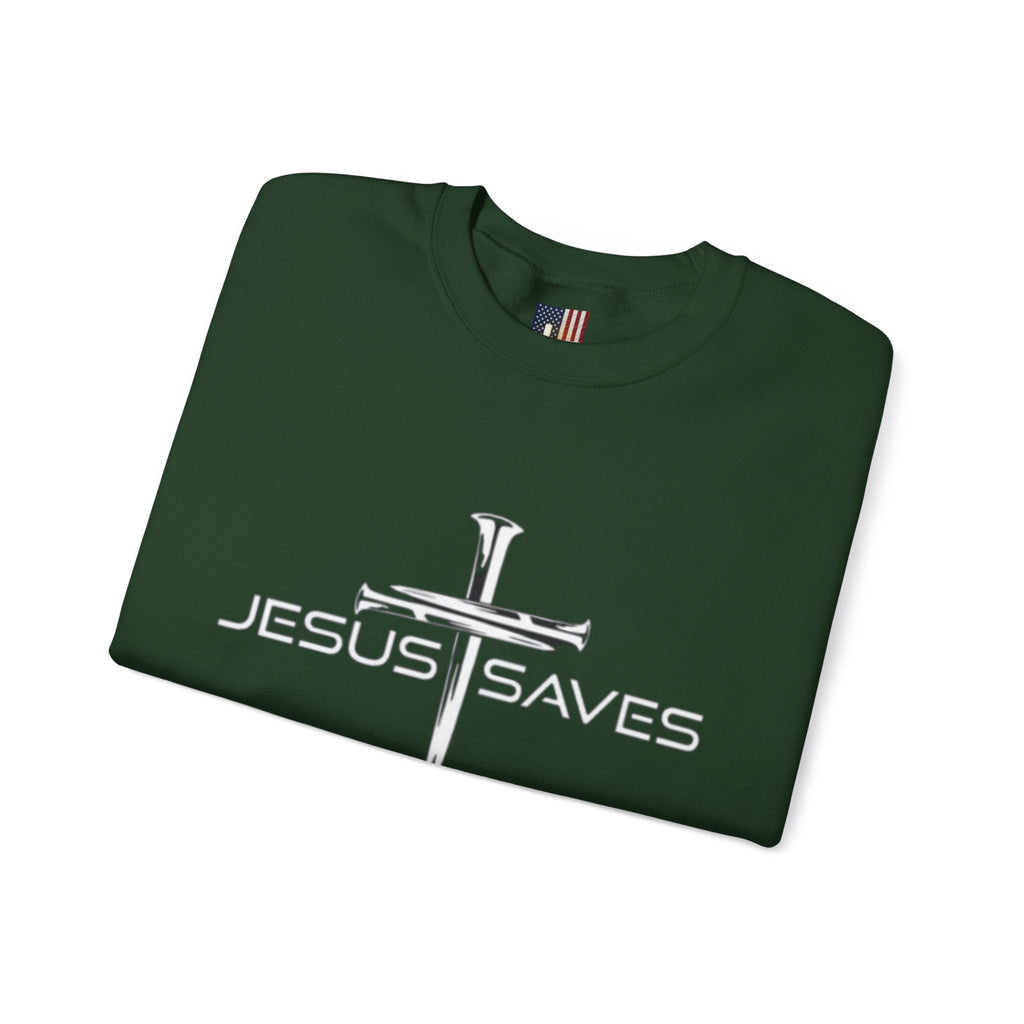 Jesus Saves Sweatshirt – 3 Nails Crucifix Cross Christian Sweatshirt for Redemption Faith & Bold Salvation Printify