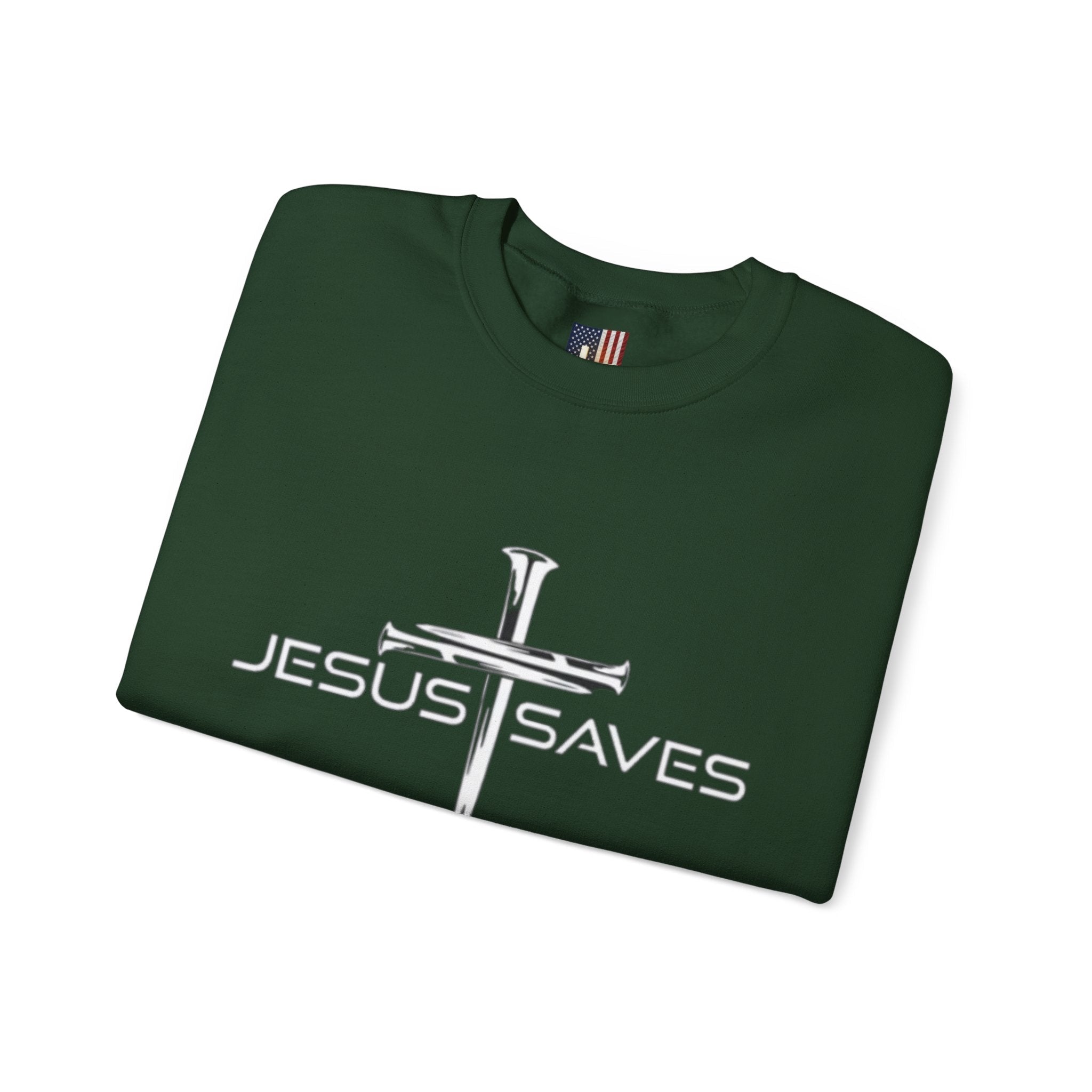 Jesus Saves Sweatshirt – 3 Nails Crucifix Cross Christian Sweatshirt for Redemption Faith & Bold Salvation Printify