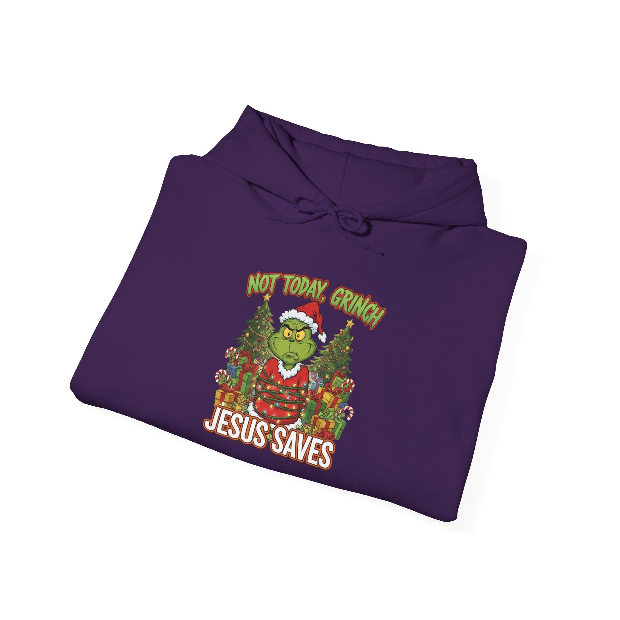 🎄 Not Today, Grinch – Jesus Saves | Funny Christian Christmas Hoodie | Sulking Grinch & Glowing Cross | Bold Neon Faith Tee by Uplifted Gear Printify