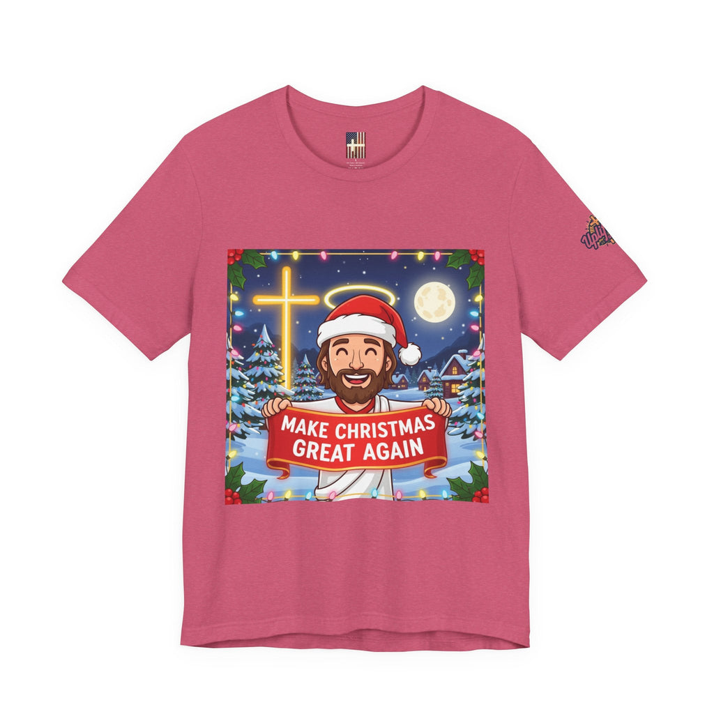 🎄 Make Christmas Great Again – Funny Christian T-Shirt | Jesus Holding Banner | Faith-Based Holiday Parody Tee | Uplifted Gear Printify