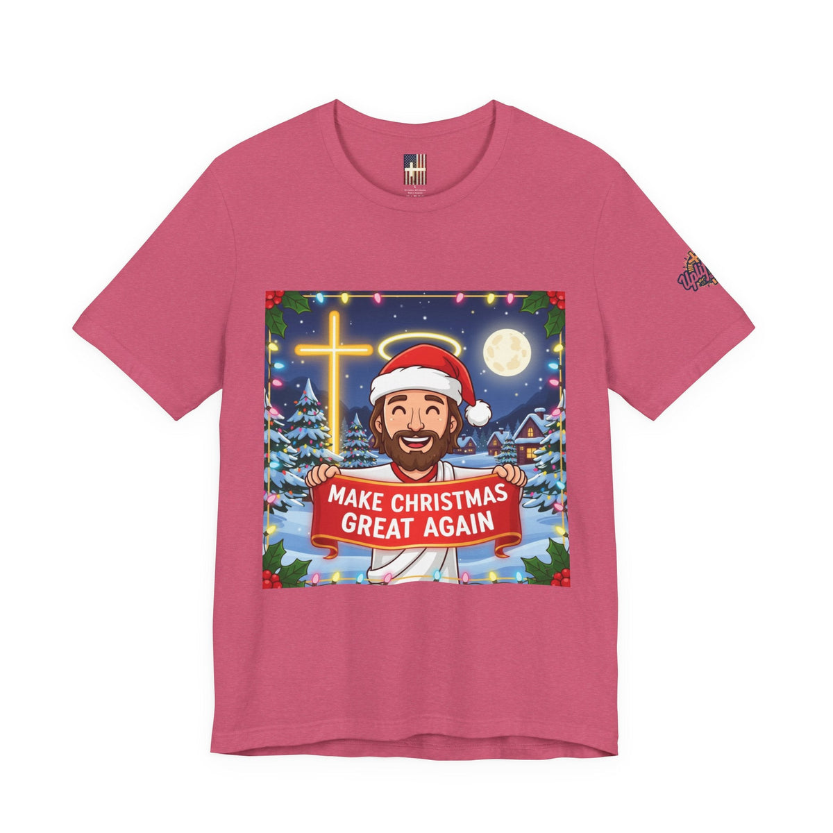 🎄 Make Christmas Great Again – Funny Christian T-Shirt | Jesus Holding Banner | Faith-Based Holiday Parody Tee | Uplifted Gear Printify