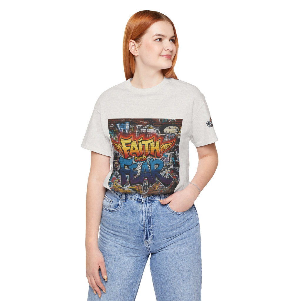 Faith Over Fear T-shirt – Graffiti Wall Christian T-shirt for Bold 2 Corinthians 5:7 Streetwear & Unshakable Faith Printify