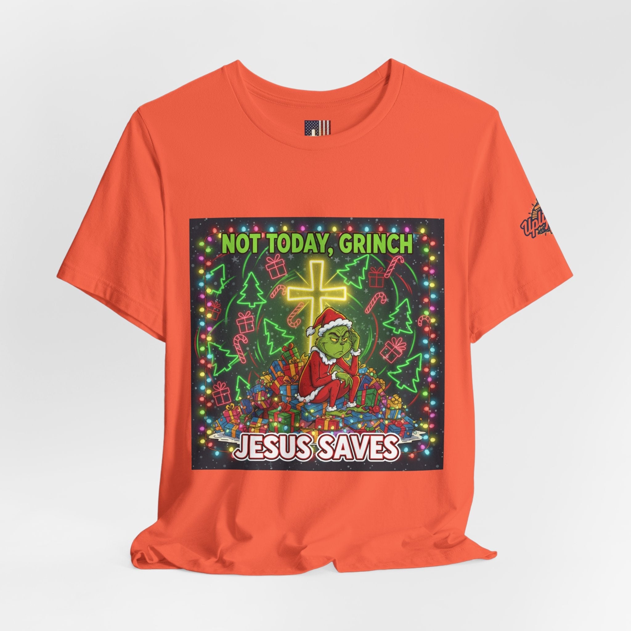 🎄 Not Today, Grinch – Jesus Saves | Funny Christian Christmas T-Shirt | Festive Green & Red Cartoon Style | Bold Faith Holiday Tee by Uplifted Gear Printify