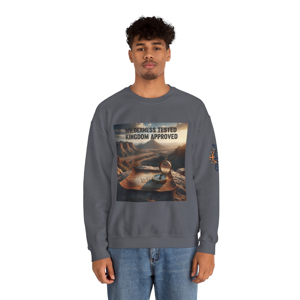 Wilderness Tested Kingdom Approved Sweatshirt – Mountain Desert Compass Crown Christian Sweatshirt for Biblical Adventure Faith Printify
