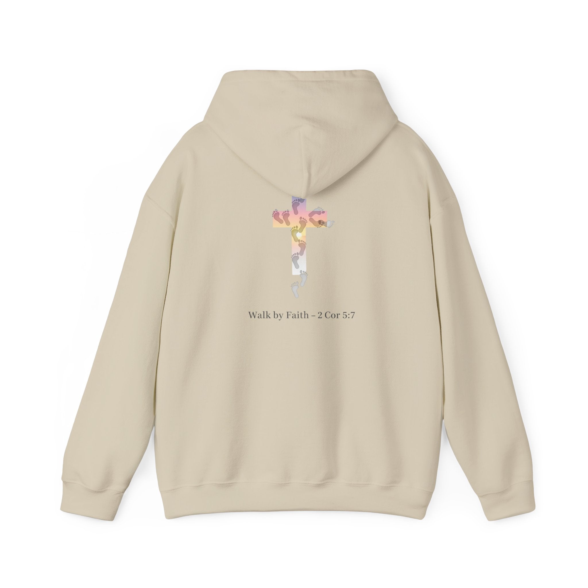 Walk by Faith Hoodie – Cross & Footprints Christian Hoodie for Cozy Inspiration Printify