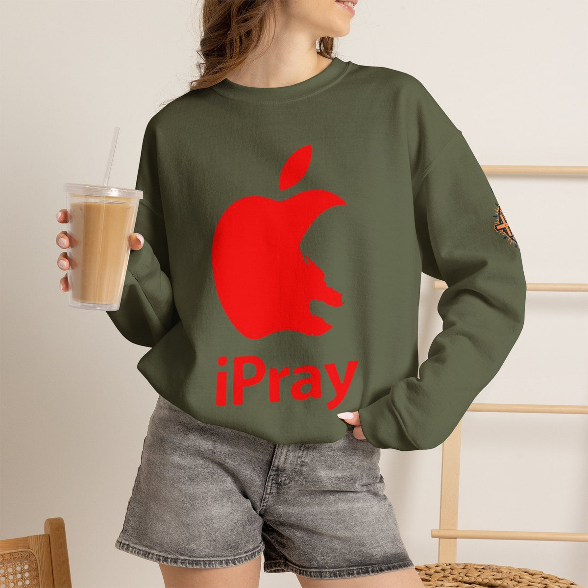 iPray Apple Logo Sweatshirt — Funny Christian Sweatshirt (Minimal Red Apple Graphic) Printify