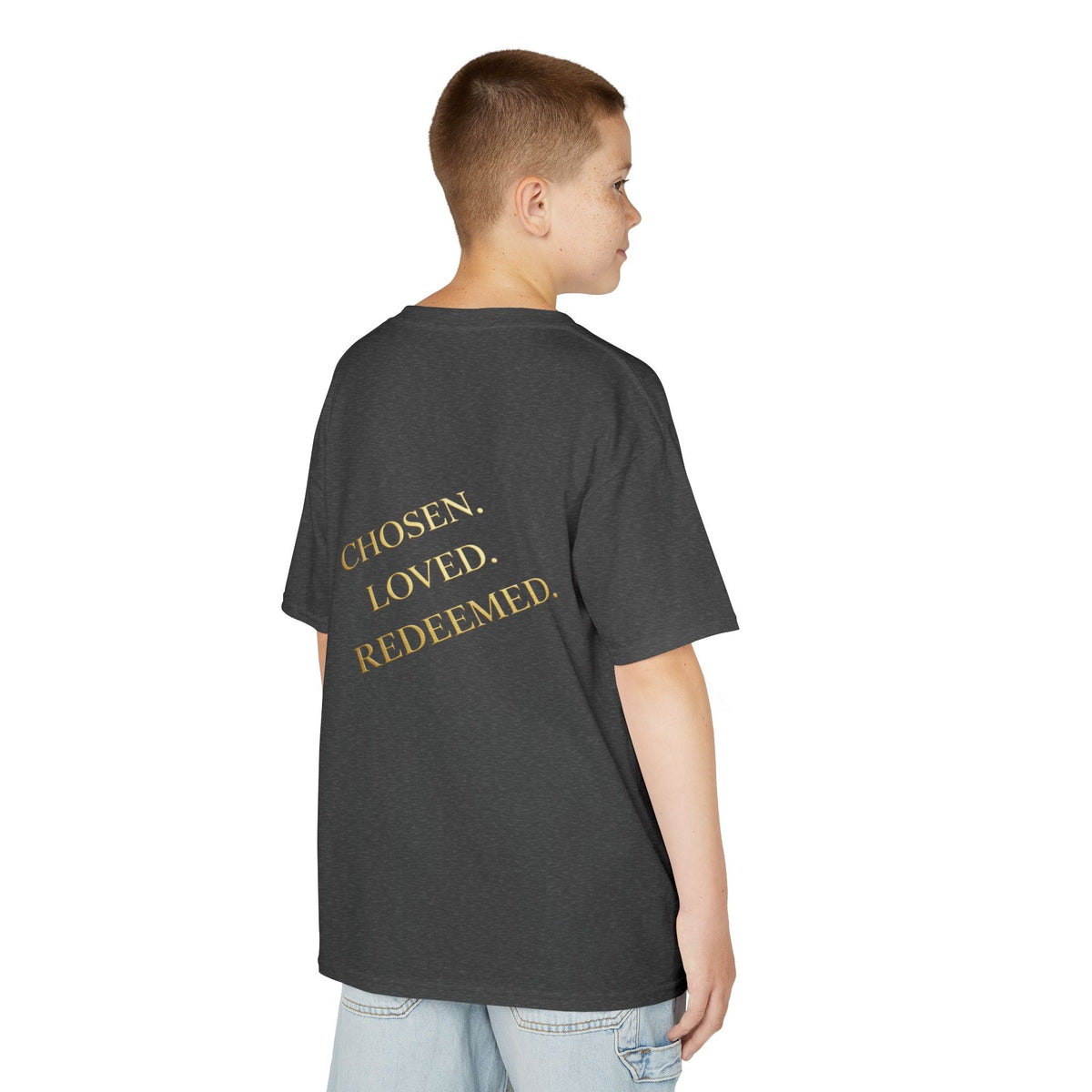 ✨ Chosen. Loved. Redeemed. – Elegant Christian Kids T-Shirt | Gold Foil Faith Tee | Subtle Cross & Heart Design | Inspirational Bible Verse Apparel by Uplifted Gear Printify