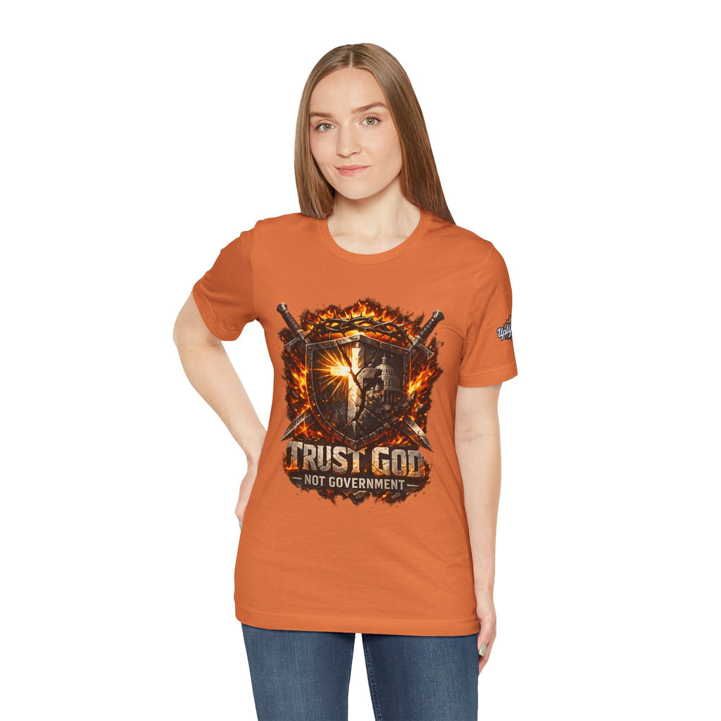 Trust God Not Government Shield Tee — Patriotic Christian Faith T-Shirt Printify