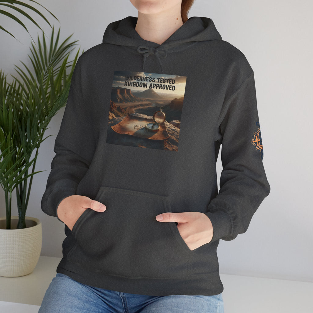 Wilderness Tested Kingdom Approved Hoodie – Mountain Desert Compass Crown Christian Sweatshirt for Biblical Adventure Faith Printify