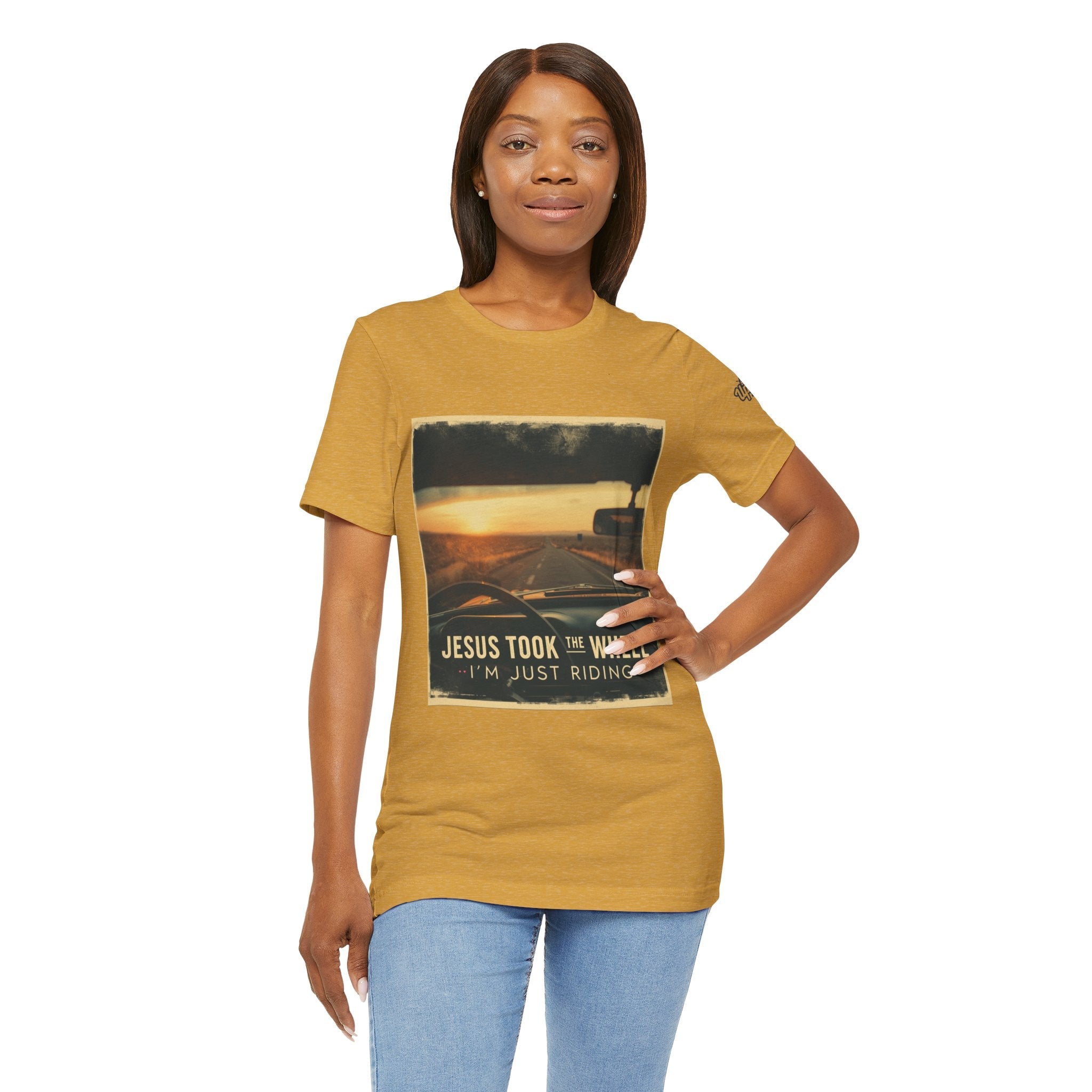 Jesus Took the Wheel I'm Just Riding T-shirt – Funny Christian Convertible Car T-shirt for Surrendered Faith & Humor Printify