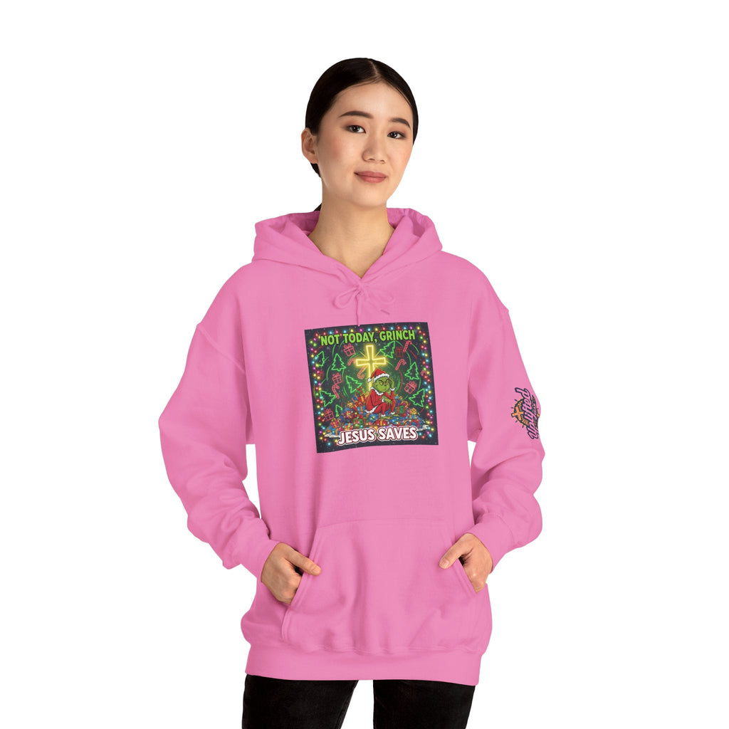🎄 Not Today, Grinch – Jesus Saves | Funny Christian Christmas Hoodie | Festive Green & Red Cartoon Style | Bold Faith Holiday Tee by Uplifted Gear Printify