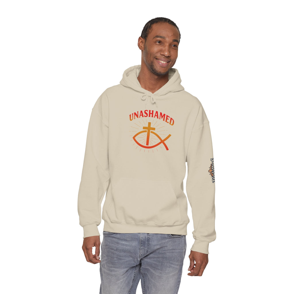 Unashamed Hoodie – Ichthys Jesus Fish & Cross Christian Sweatshirt for Romans 1:16 Bold Faith Printify