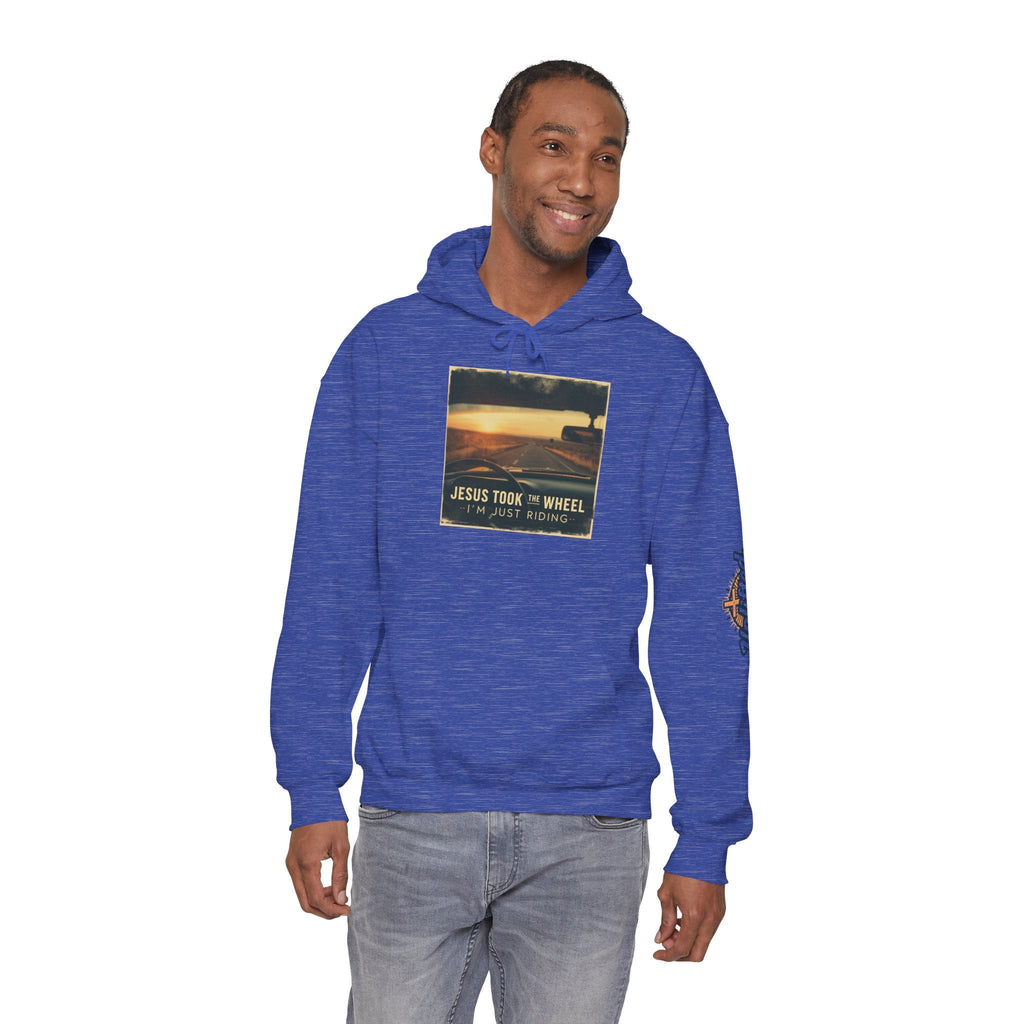 Jesus Took the Wheel I'm Just Riding Hoodie – Funny Christian Convertible Car Sweatshirt for Surrendered Faith & Humor Printify