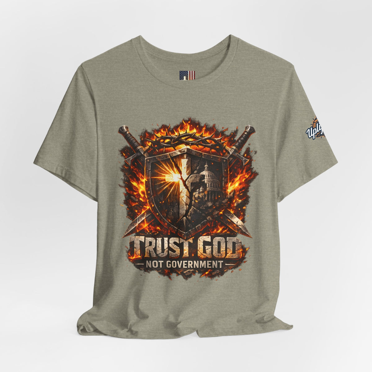 Trust God Not Government Shield Tee — Patriotic Christian Faith T-Shirt Printify