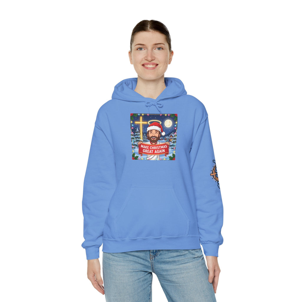 🎄 Make Christmas Great Again – Funny Christian Hoodie | Jesus Holding Banner | Faith-Based Holiday Parody Tee | Uplifted Gear Printify