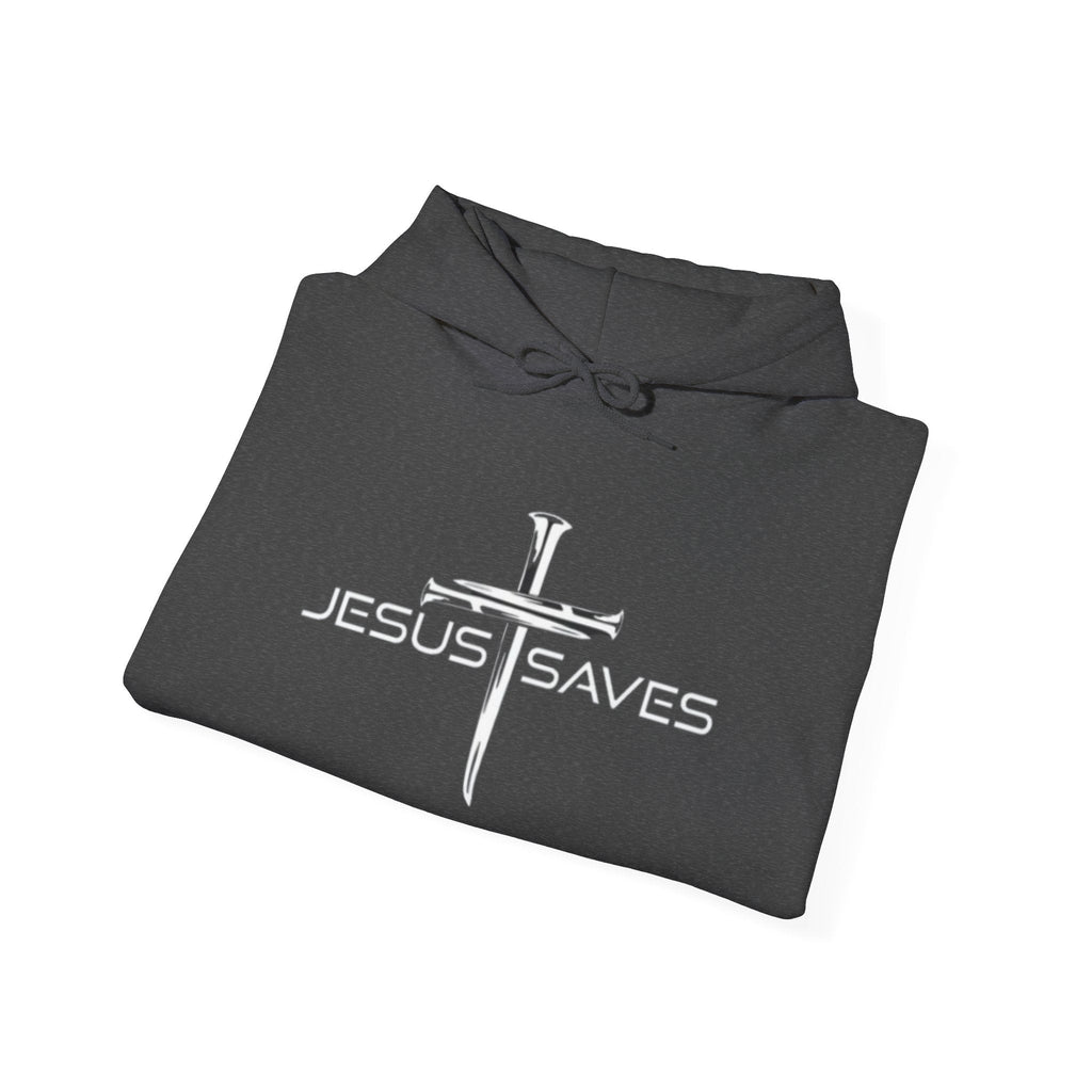 Jesus Saves Hoodie – 3 Nails Crucifix Cross Christian Sweatshirt for Redemption Faith & Bold Salvation Printify