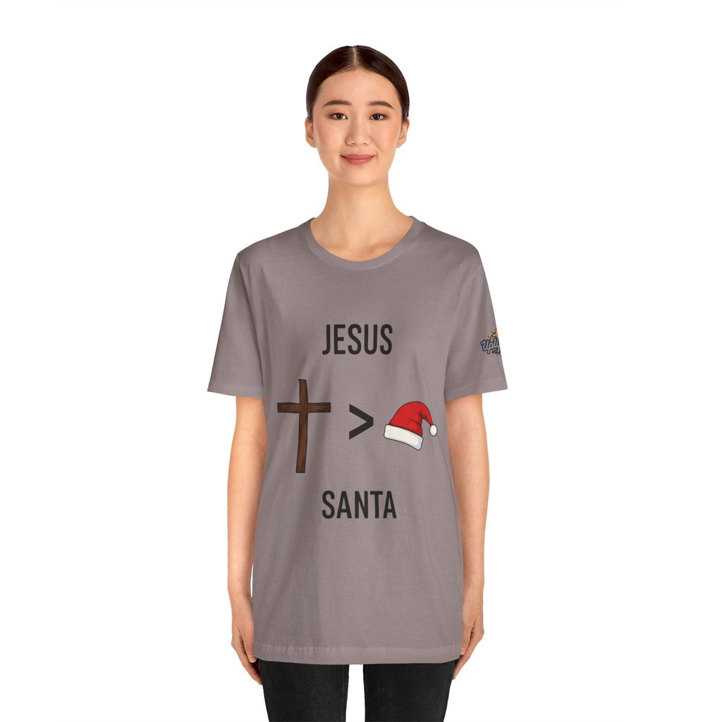 🎄 Jesus > Santa – Minimalist Christian Christmas T-Shirt | Bold Faith Over Holiday Tee | Cross vs Santa Hat Design | Uplifted Gear Printify