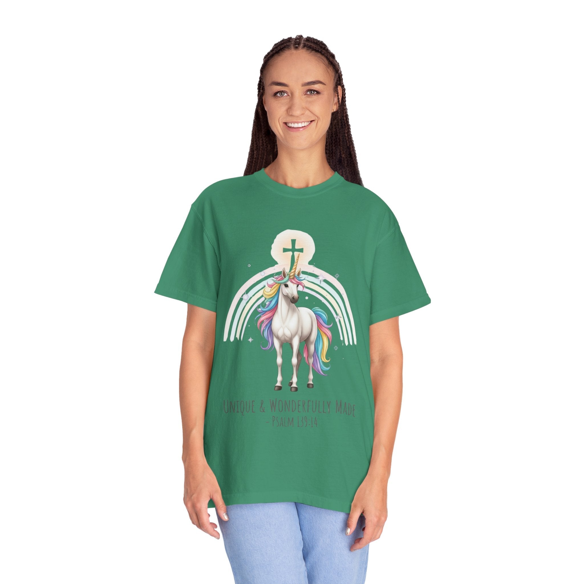 Unique Unicorn Christian T-Shirt – Wonderfully Made with Rainbow Cross & Psalm 139:14 Printify