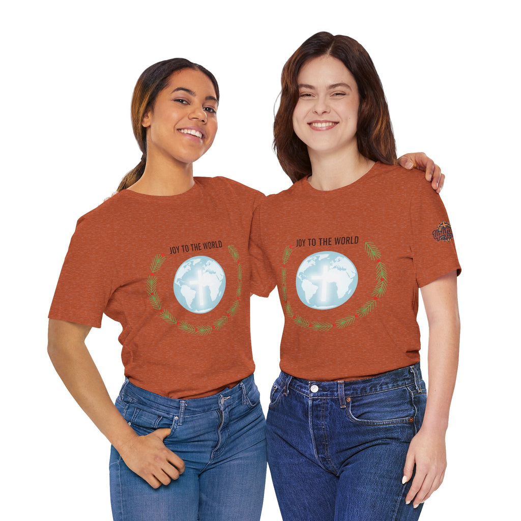 Joy to the World T-shirt – Wreath Earth Nativity Christian Christmas T-shirt for Isaiah 9:6 Holiday Faith & Festive Joy Printify