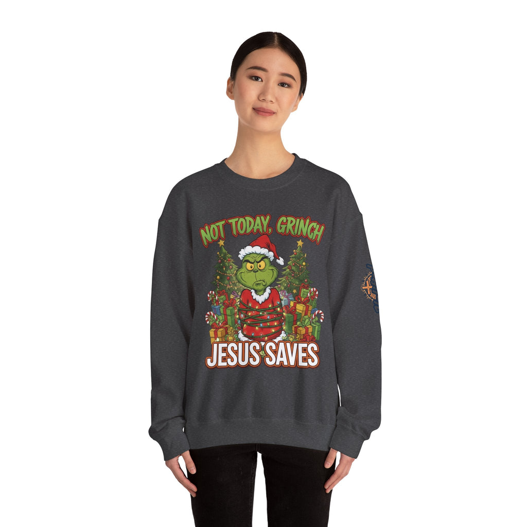 🎄 Not Today, Grinch – Jesus Saves | Funny Christian Christmas Sweatshirt | Sulking Grinch & Glowing Cross | Bold Neon Faith Tee by Uplifted Gear Printify
