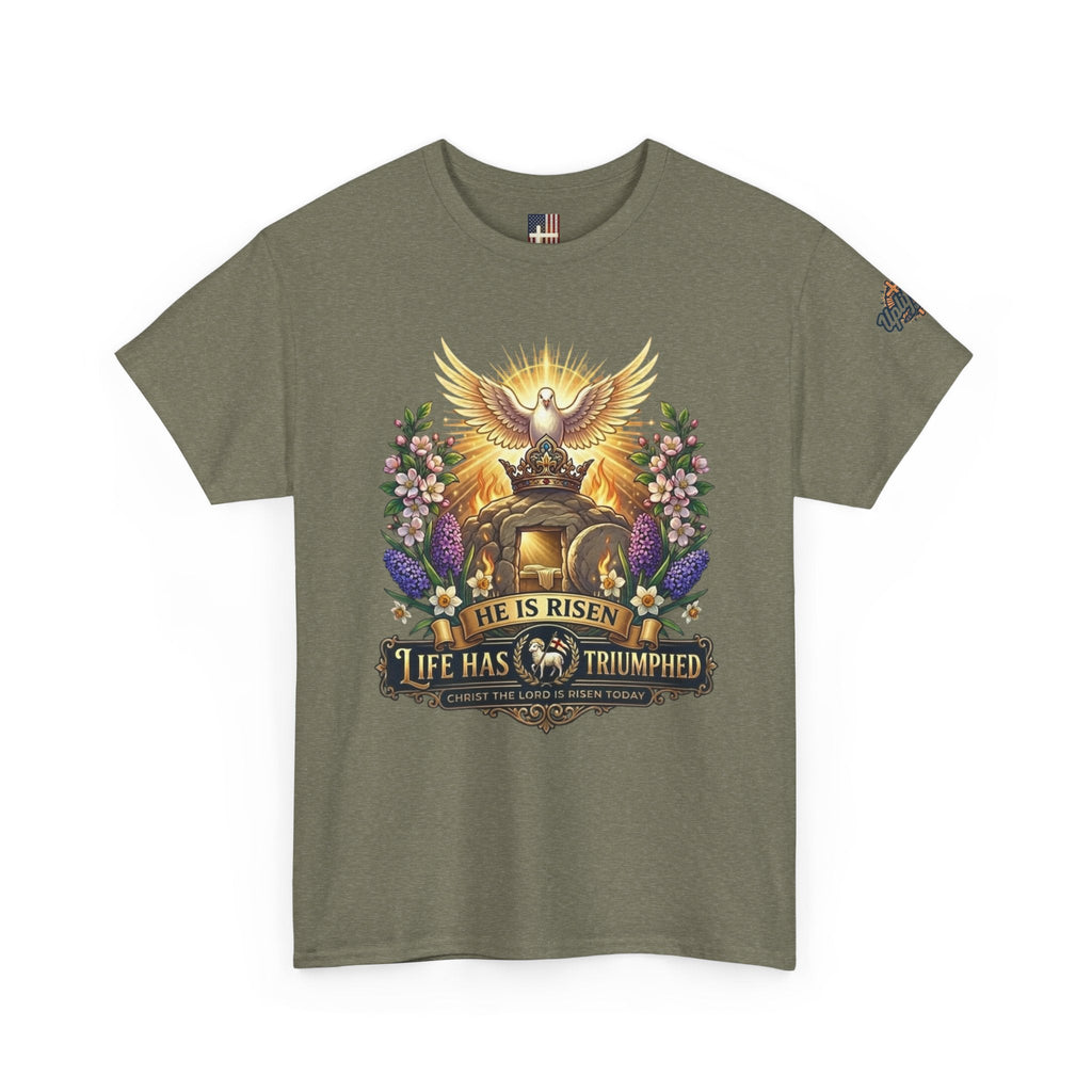 He Is Risen "Life Has Triumphed" T-Shirt — Easter Resurrection Christian Tee Printify