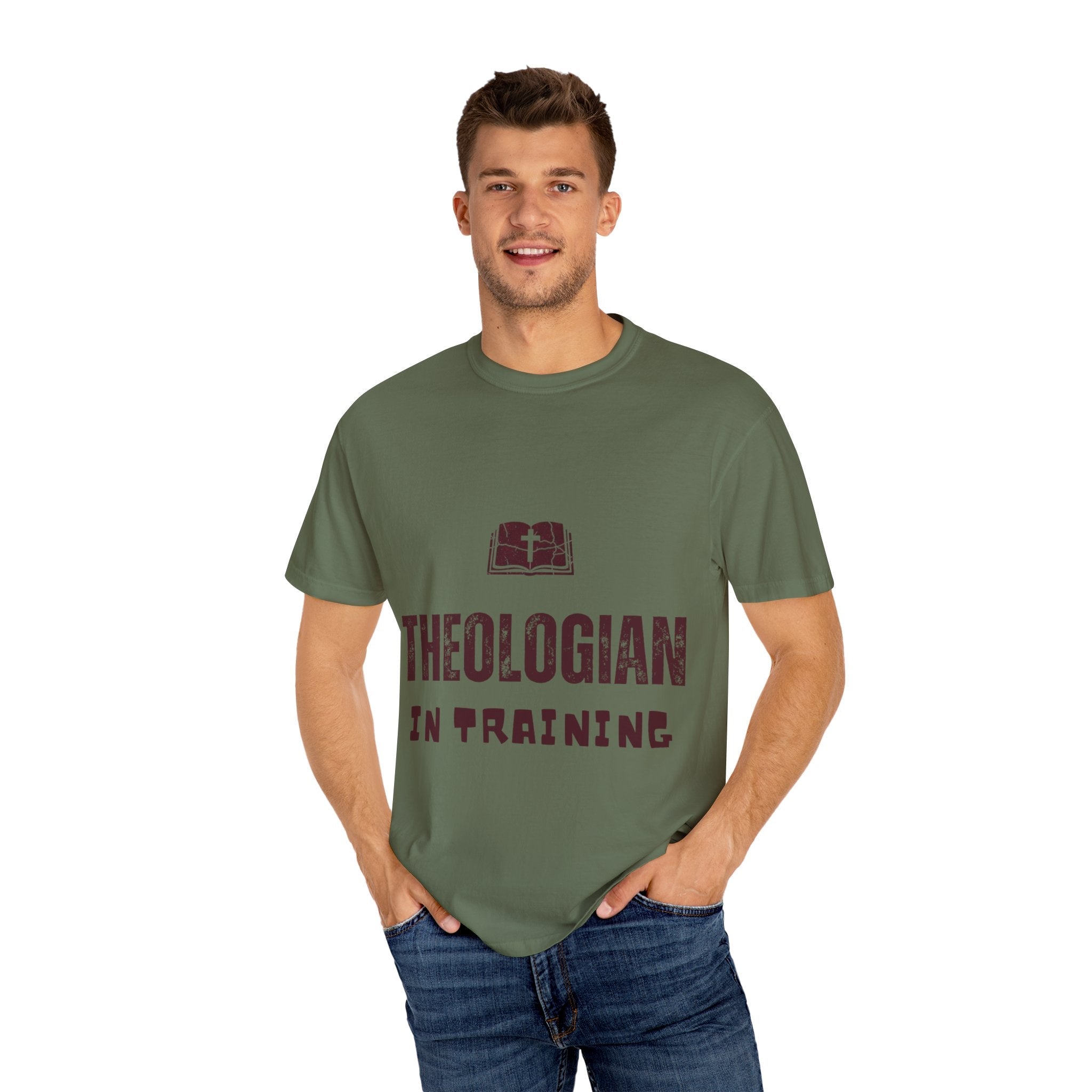 Theologian in Training T-Shirt – Open Bible & Cross Christian Tee for Faithful Learners Printify