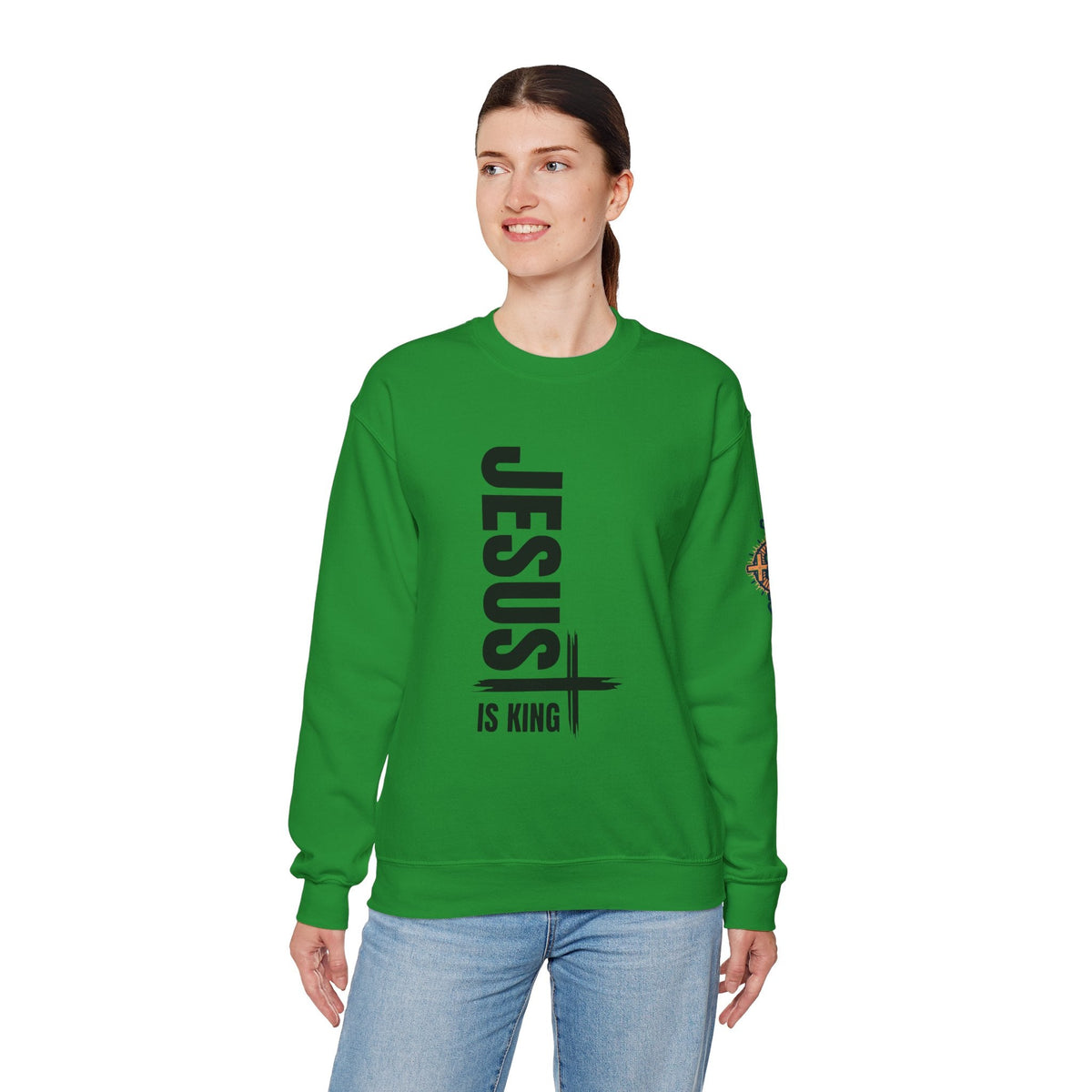 Jesus Is King Sweatshirt | Modern Typographic Cross Christian Sweatshirt Printify